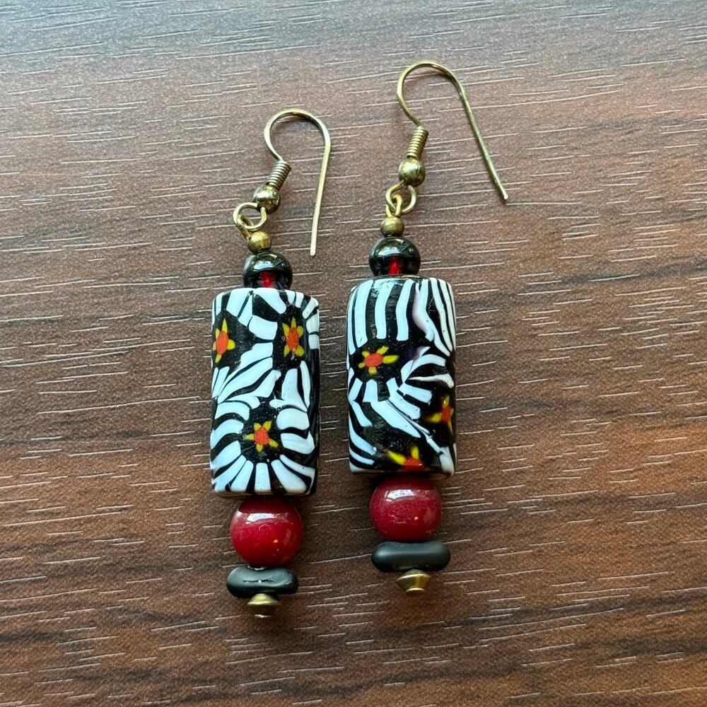 90s African Clay Star Bead Earrings with Glass Accent Beads
